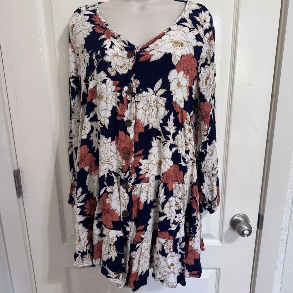 Ces Femme Women's Floral Babydoll Tunic Dress Navy Long Sleeve Boho Size XL
